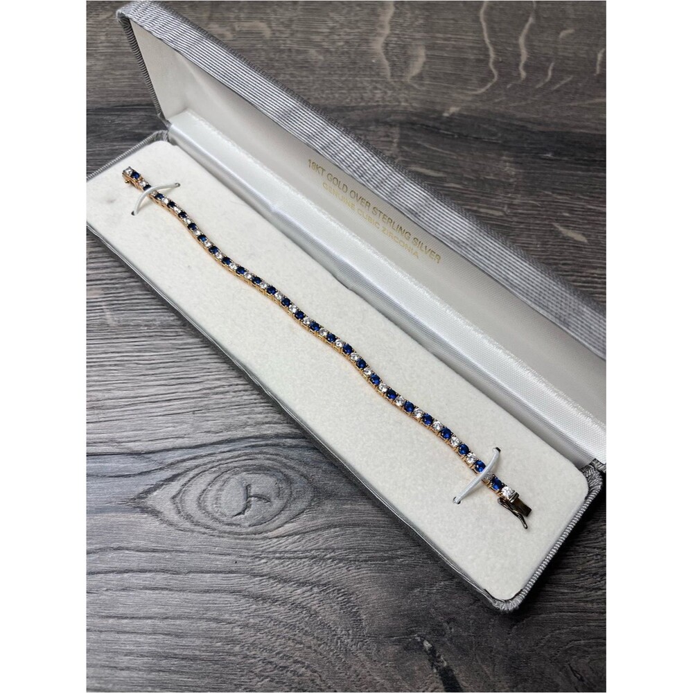 18K Gold Sterling Silver Blue White CZ Tennis Bracelet Boxed